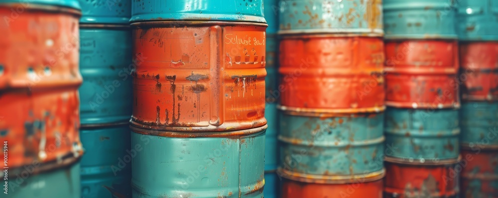 Chemical waste barrels in a secure area, environmental safety, industrial disposal Chemical waste barrels in a secure area, environmental safety, industrial disposal