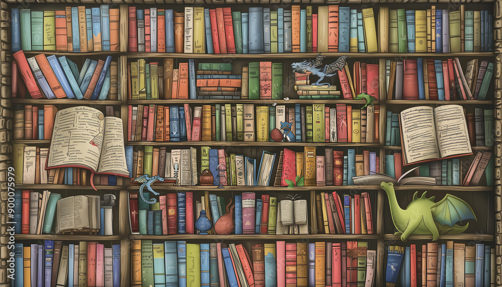 A whimsical, colorful bookcase brimming with books of various sizes. Playful elements like tiny dragons and quirky objects are interspersed, creating a magical, adventurous atmosphere. A whimsical, colorful bookcase brimming with books of various sizes. Playful elements like tiny dragons and quirky objects are interspersed, creating a magical, adventurous atmosphere.