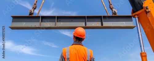 Crane lifting steel beams, structural work, heavy lifting