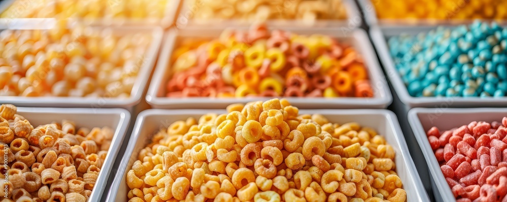 Brightly packaged cereals on display, breakfast options, familyfriendly products