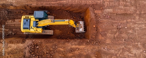 Excavator digging at a site, earthmoving equipment, groundwork