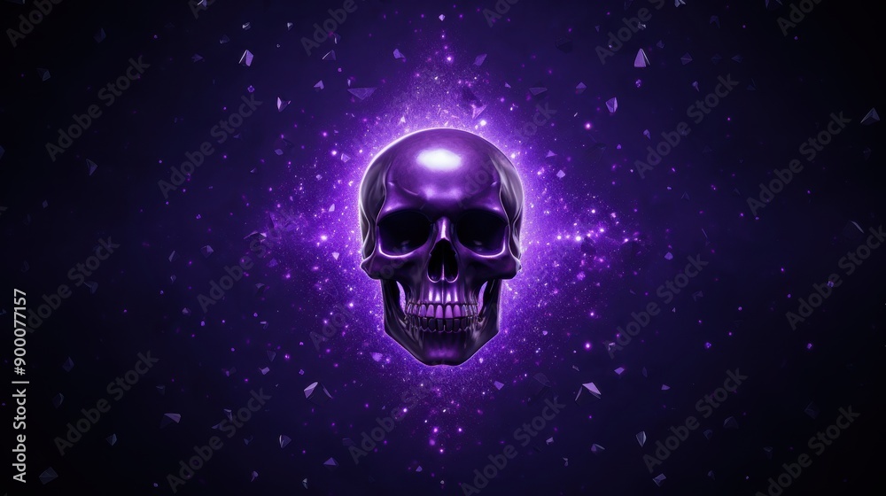 Human skull on a dark purple background, glowing light particles around the skull. Human skull on a dark purple background, glowing light particles around the skull.