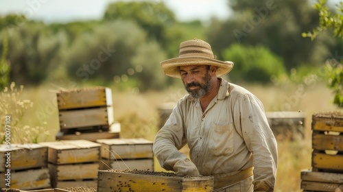 Beekeeper tending to beehives, pollination, and honey production, ecological farming