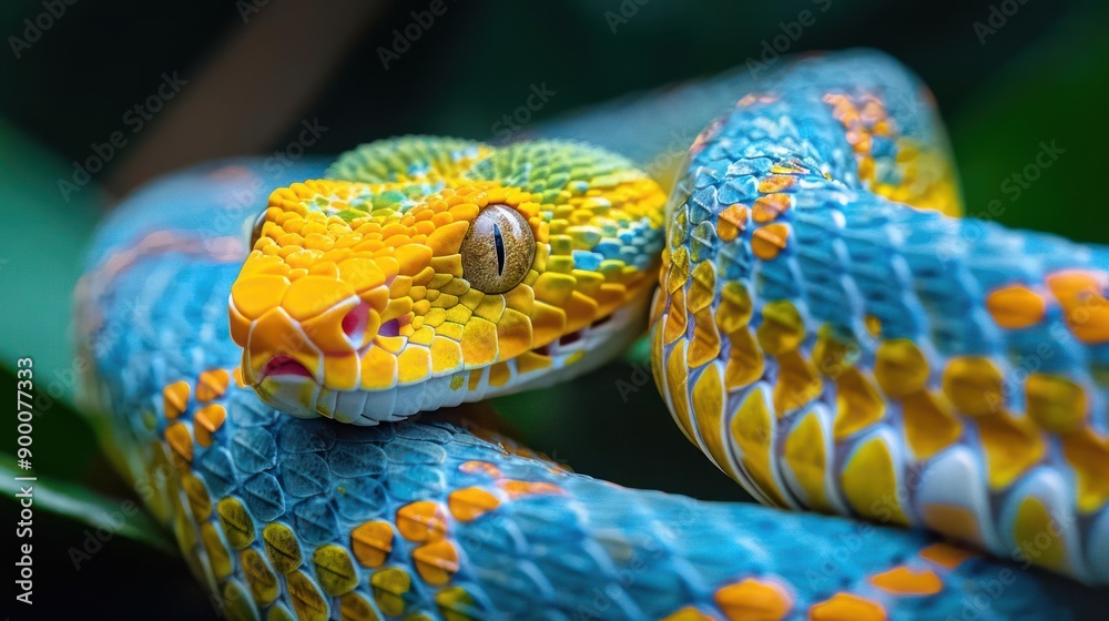 a close up of a snake with a bright blue and yellow pattern a close up of a snake with a bright blue and yellow pattern