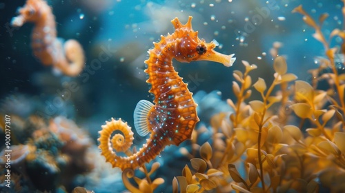 two seahorses that are swimming in the water