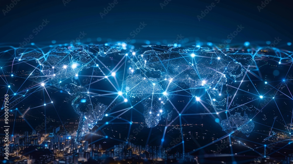 Digital map of the world with glowing connections between cities, representing global connectivity and data transfer across diverse cultures and nationalities Digital map of the world with glowing connections between cities, representing global connectivity and data transfer across diverse cultures and nationalities