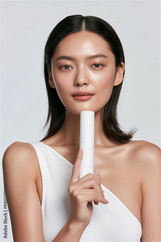 I am holding a Korean cosmetics model advertisement, white background, and white tube cosmetics. I am holding a Korean cosmetics model advertisement, white background, and white tube cosmetics.