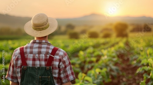 Farmer in a hat and overalls, classic image, traditional farming © Jiraphiphat