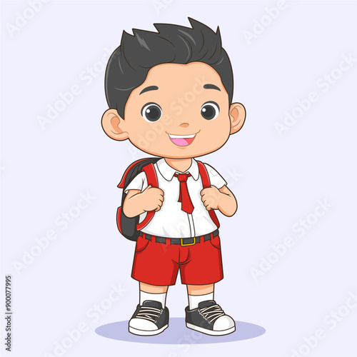 Cute Indonesian elementary school student boy character carrying a backpack. cartoon vector illustration