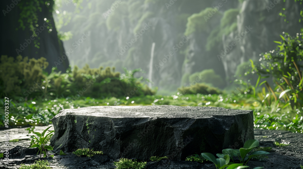 a black stone podium in green landscape, product advertisement promotion with nature podium background 
