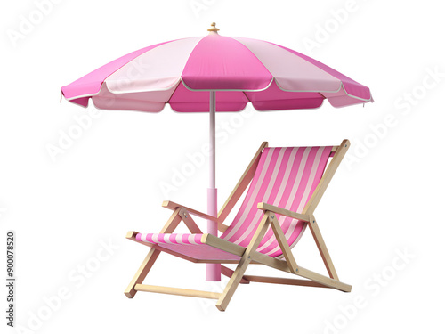 A beach chair and umbrella isolated on a clear transparent background, 3D view.






