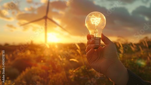 sisyphean hyperrealistic hand holding a light bulb, wind turbine encapsulated in the lightbulb, sunny background, main conten of the image on the right side  photo