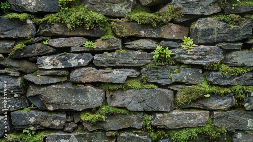 Rustic Stone : Irregularly shaped stones in a dry stack wall with moss growth Rustic Stone : Irregularly shaped stones in a dry stack wall with moss growth