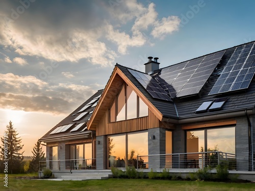 Close-up of a new suburban house with a photovoltaic system on the roof. Simple and modern environmentally friendly house with solar panels on the gable roof, with sunlight during the day