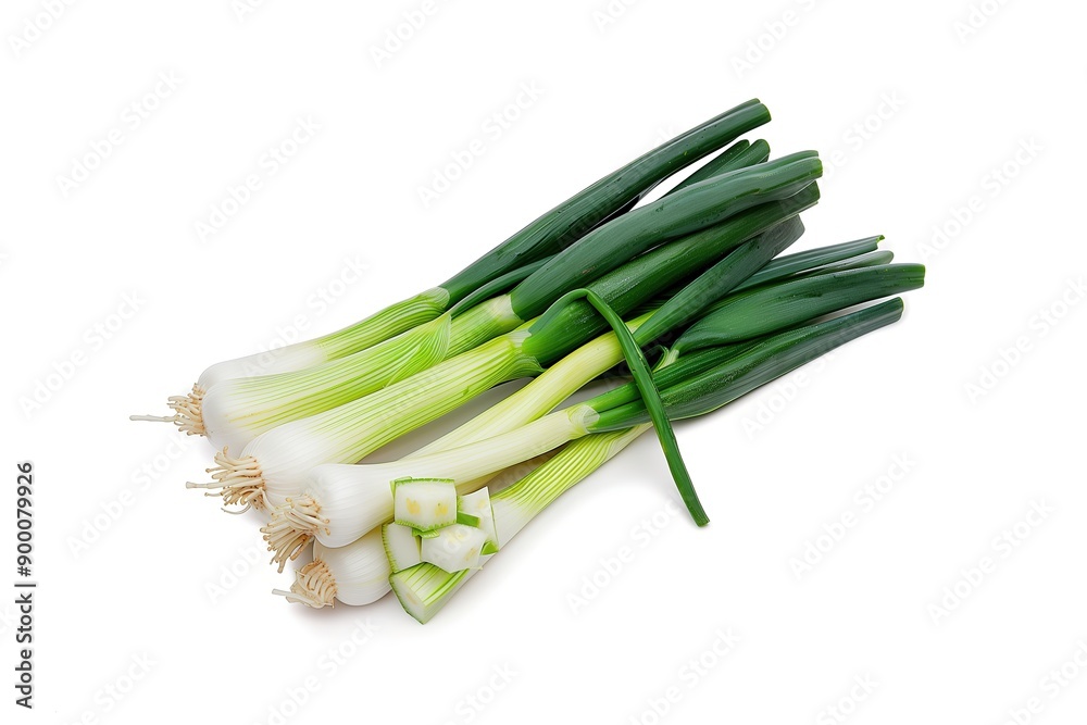 Fresh bunch of green onions with white bulbs and green stems, isolated on a white background. Fresh bunch of green onions with white bulbs and green stems, isolated on a white background.