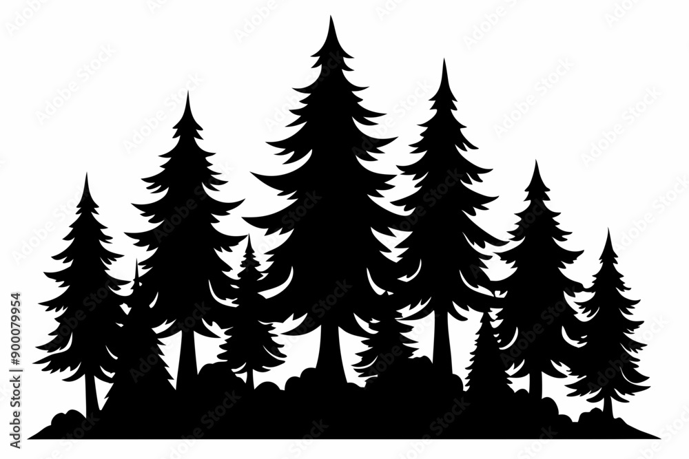 Obraz premium Fir trees silhouette. Coniferous spruce horizontal background patterns, black evergreen woods vector illustration. Beautiful panorama with treetops forest