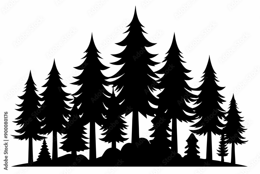 Obraz premium Fir trees silhouette. Coniferous spruce horizontal background patterns, black evergreen woods vector illustration. Beautiful panorama with treetops forest