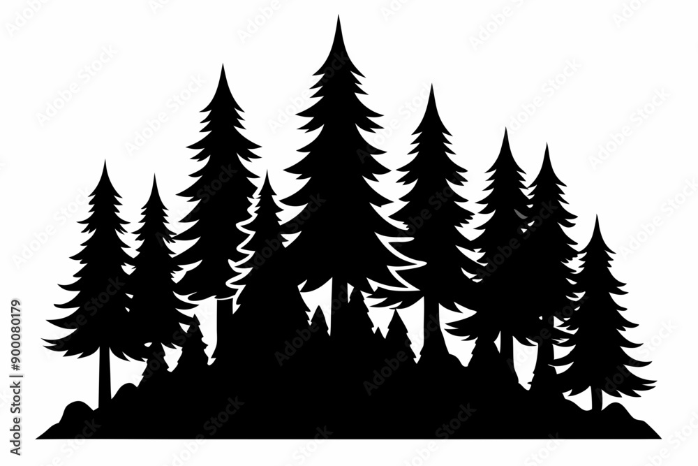 Obraz premium Fir trees silhouette. Coniferous spruce horizontal background patterns, black evergreen woods vector illustration. Beautiful panorama with treetops forest
