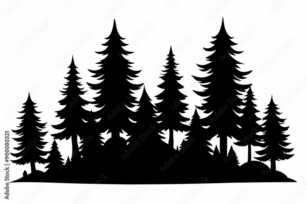Obraz premium Fir trees silhouette. Coniferous spruce horizontal background patterns, black evergreen woods vector illustration. Beautiful panorama with treetops forest