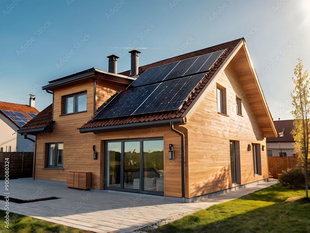 Close-up of a new suburban house with a photovoltaic system on the roof. Simple and modern environmentally friendly house with solar panels on the gable roof, with sunlight during the day Close-up of a new suburban house with a photovoltaic system on the roof. Simple and modern environmentally friendly house with solar panels on the gable roof, with sunlight during the day