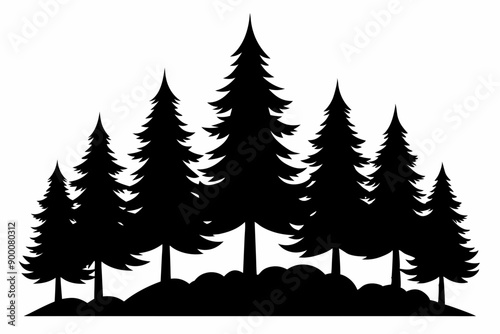 Fir trees silhouette. Coniferous spruce horizontal background patterns, black evergreen woods vector illustration. Beautiful panorama with treetops forest