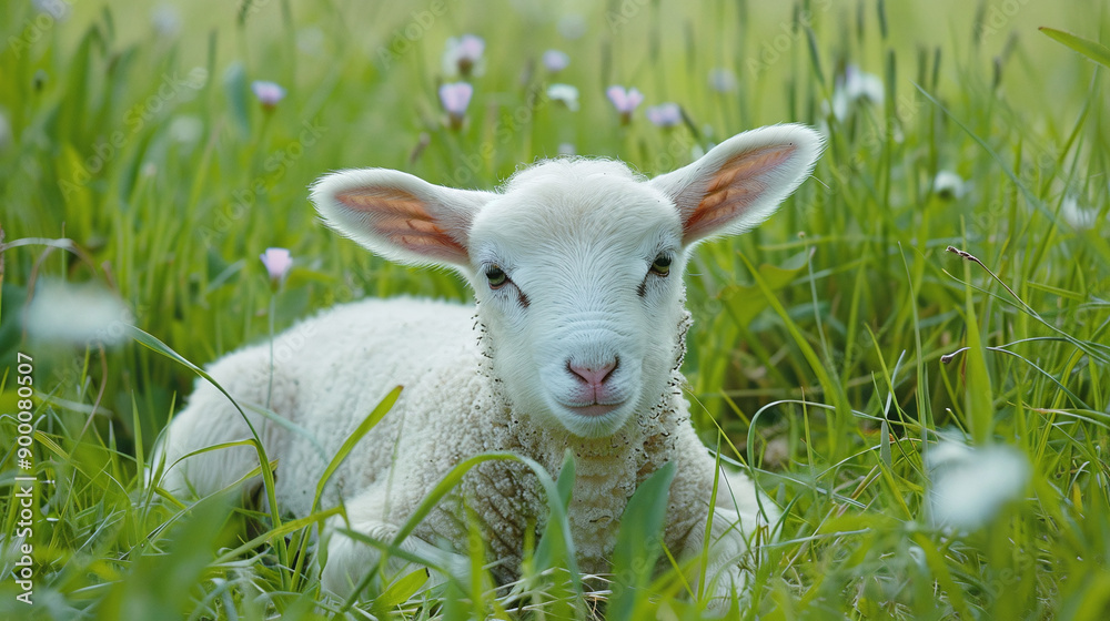 Happy lamb, small sheep face looking frank and cute sitting on green grass. Happy lamb, small sheep face looking frank and cute sitting on green grass.