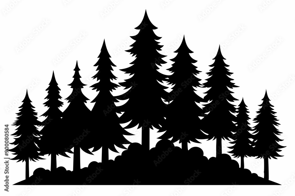 Fototapeta premium pine tree forest silhouette, Fir trees silhouette, black evergreen woods vector illustration, pine wood