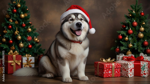 Portrait of an alaskan malamute dog wearing a santa hat sitting by presents and Christmas trees photo