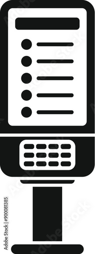 Black and white icon of a digital information kiosk displaying a menu list and offering buttons for placing an order