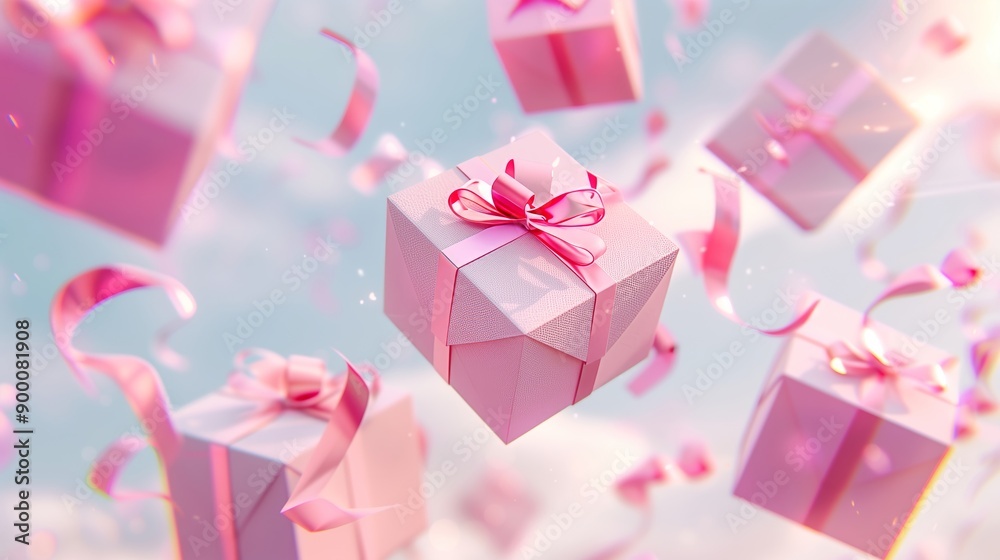 Floating Pink Gift Boxes with Ribbons in the Sky Floating Pink Gift Boxes with Ribbons in the Sky