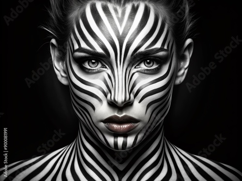 Vibrant close-up portrait of a stunning woman with a zebra-striped face, black and white paint creating a striking contrast against a dark background.