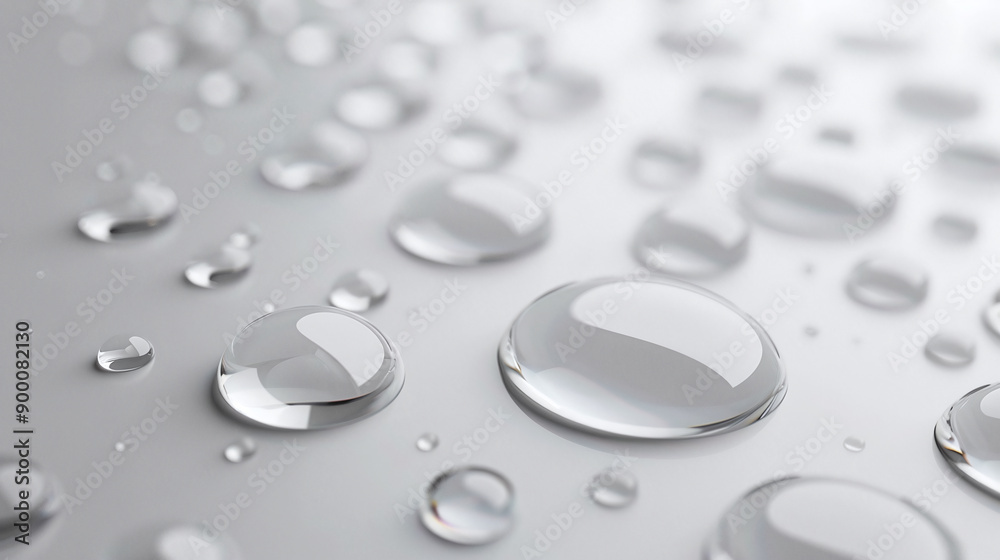 Transparent water droplets on a white surface Transparent water droplets on a white surface