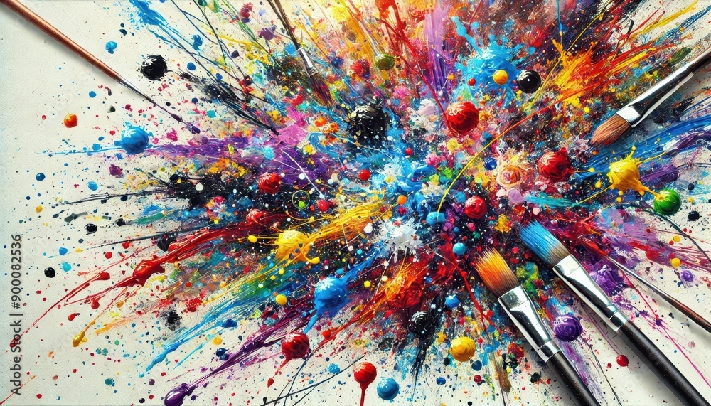 Obraz premium Colorful Paint Explosion on Artist Palette with Brushes.
