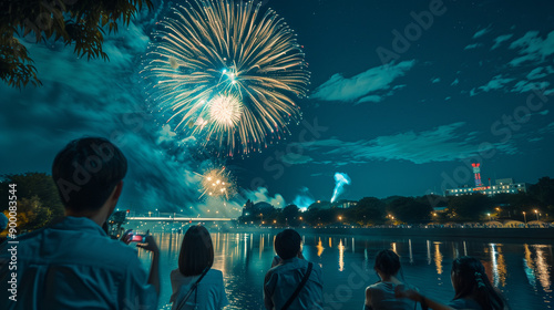 Omagari National Fireworks Competition, spectators on the riverbank with faces fascinated by the fireworks, the background of the clear night sky with various forms of fireworks, Ai generated Images photo