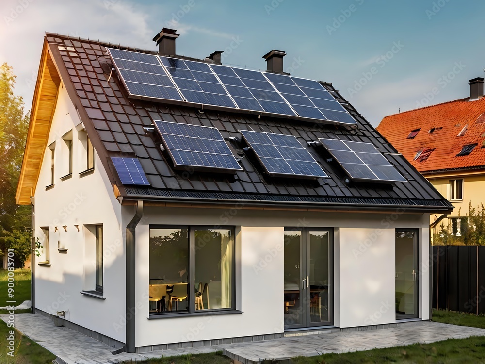 Fototapeta premium Close-up of a new suburban house with a photovoltaic system on the roof. Simple and modern environmentally friendly house with solar panels on the gable roof, with sunlight during the day