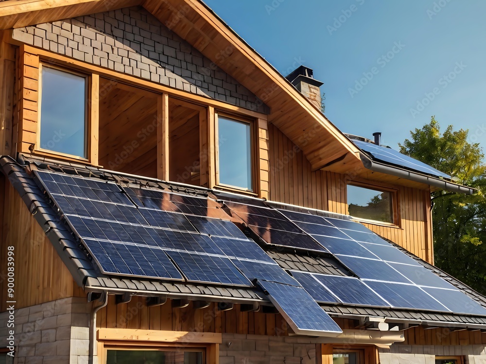 Fototapeta premium Close-up of a new suburban house with a photovoltaic system on the roof. Simple and modern environmentally friendly house with solar panels on the gable roof, with sunlight during the day