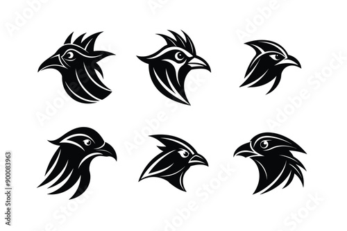 Logo sets of Ababil bird, labeled linocut vector illustration.