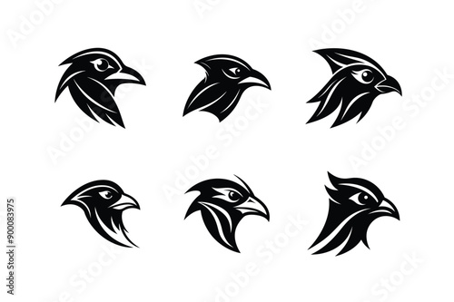 Logo sets of Ababil bird, labeled linocut vector illustration.