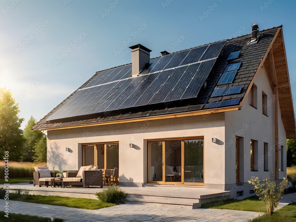 Close-up of a new suburban house with a photovoltaic system on the roof. Simple and modern environmentally friendly house with solar panels on the gable roof, with sunlight during the day Close-up of a new suburban house with a photovoltaic system on the roof. Simple and modern environmentally friendly house with solar panels on the gable roof, with sunlight during the day