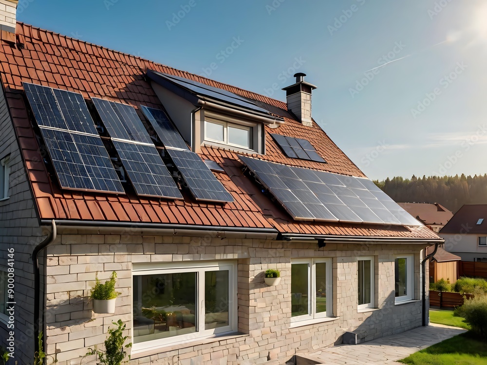 Fototapeta premium Close-up of a new suburban house with a photovoltaic system on the roof. Simple and modern environmentally friendly house with solar panels on the gable roof, with sunlight during the day