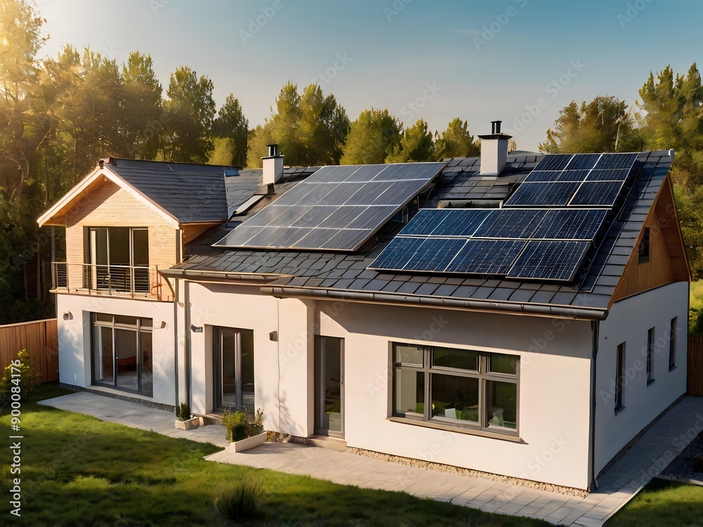 Close-up of a new suburban house with a photovoltaic system on the roof. Simple and modern environmentally friendly house with solar panels on the gable roof, with sunlight during the day Close-up of a new suburban house with a photovoltaic system on the roof. Simple and modern environmentally friendly house with solar panels on the gable roof, with sunlight during the day
