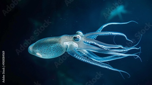 A giant squid swimming in the deep ocean, tentacles trailing behind photo