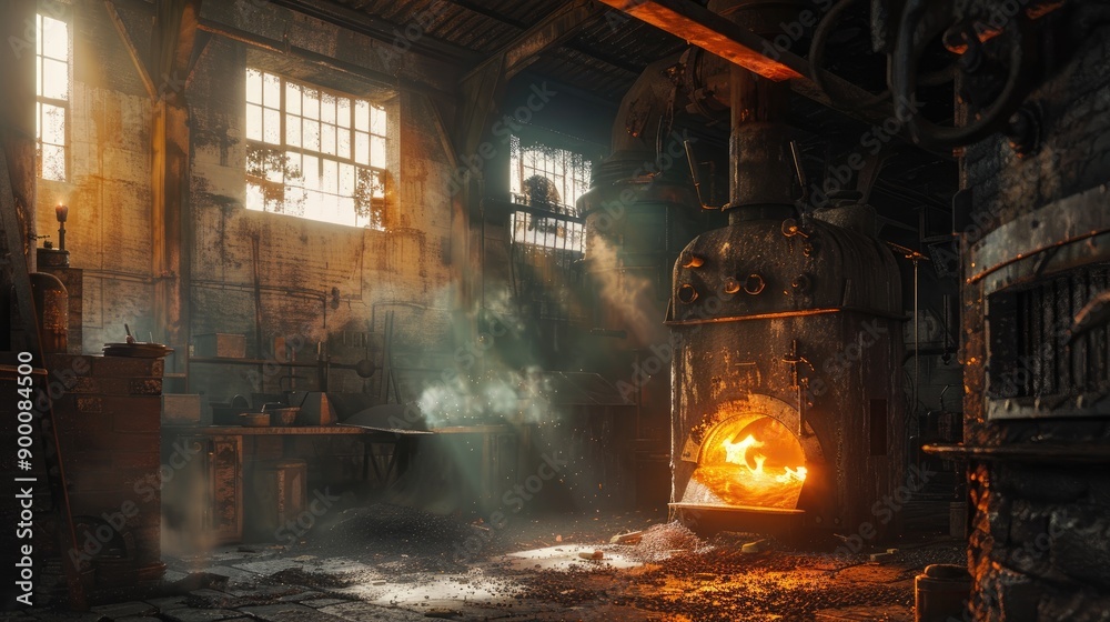Intensely hot gas furnace aglow in dim forge workshop