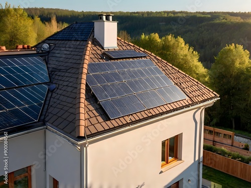 Wallpaper Mural Close-up of a new suburban house with a photovoltaic system on the roof. Simple and modern environmentally friendly house with solar panels on the gable roof, with sunlight during the day Torontodigital.ca
