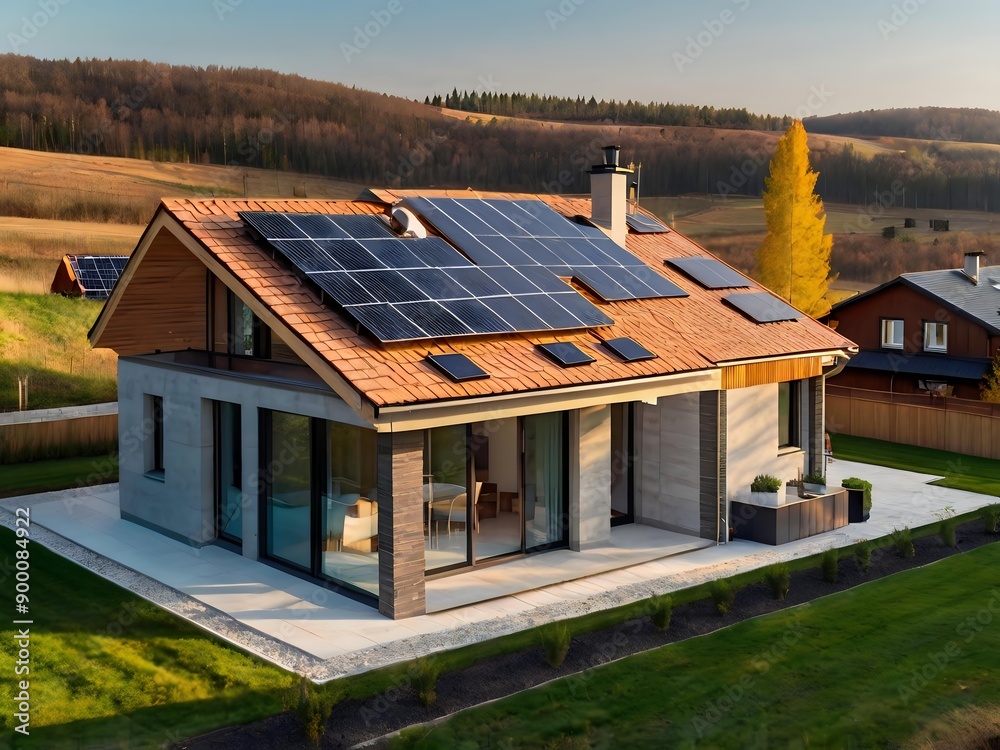 Close-up of a new suburban house with a photovoltaic system on the roof. Simple and modern environmentally friendly house with solar panels on the gable roof, with sunlight during the day Close-up of a new suburban house with a photovoltaic system on the roof. Simple and modern environmentally friendly house with solar panels on the gable roof, with sunlight during the day