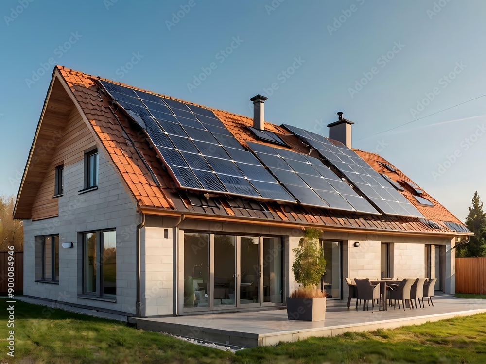 Close-up of a new suburban house with a photovoltaic system on the roof. Simple and modern environmentally friendly house with solar panels on the gable roof, with sunlight during the day Close-up of a new suburban house with a photovoltaic system on the roof. Simple and modern environmentally friendly house with solar panels on the gable roof, with sunlight during the day