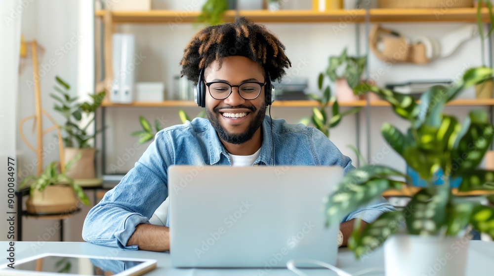 A cheerful man works on his laptop at home, surrounded by plants, showcasing a modern and vibrant workspace. A cheerful man works on his laptop at home, surrounded by plants, showcasing a modern and vibrant workspace.