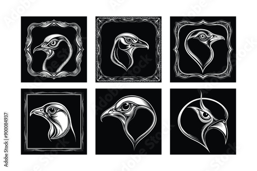 Logo sets of Ababil bird, labeled engraving vector illustration.