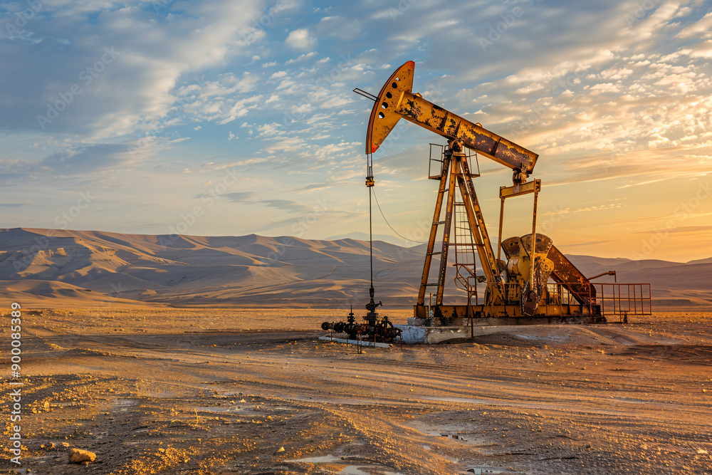 An oil rig pumping station in the desert, depicting the industrial extraction of fossil fuels in a remote and arid landscape. An oil rig pumping station in the desert, depicting the industrial extraction of fossil fuels in a remote and arid landscape.