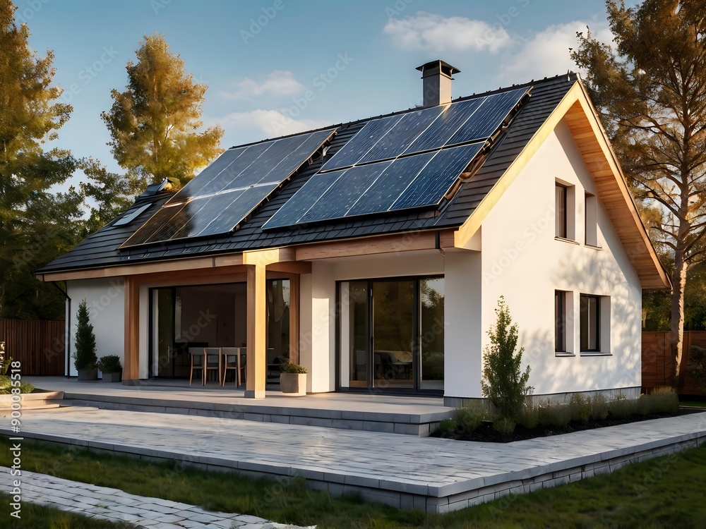 Close-up of a new suburban house with a photovoltaic system on the roof. Simple and modern environmentally friendly house with solar panels on the gable roof, with sunlight during the day Close-up of a new suburban house with a photovoltaic system on the roof. Simple and modern environmentally friendly house with solar panels on the gable roof, with sunlight during the day